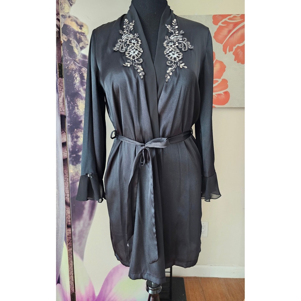 Linea Donatella Black Beaded Embroidered Satin Kimono‎ Robe S / M